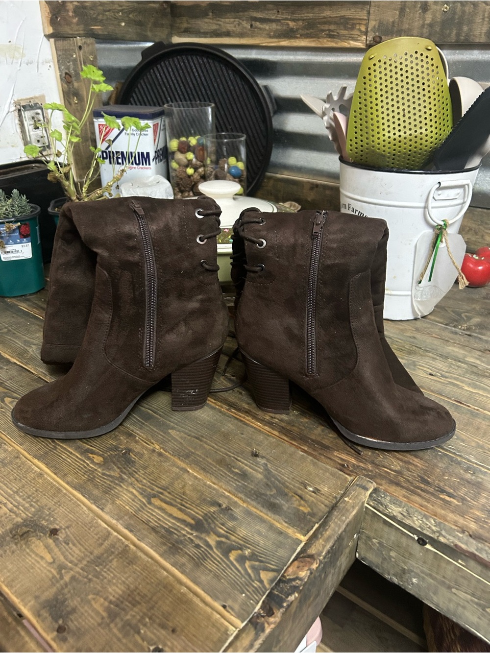 2 pair Soda 1 Dark Brown 1 black Suede Lace-Up Ankle Boots with Block Heel